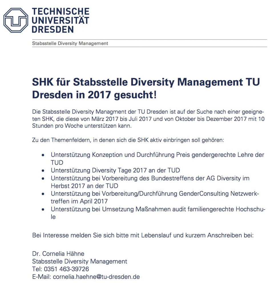 SHK für Stabsstelle Diversity Management in 2017 gesucht